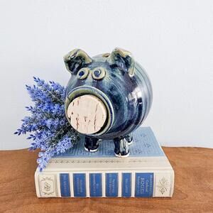 Studio Art Pottery Piggy Bank Blue with Cork
